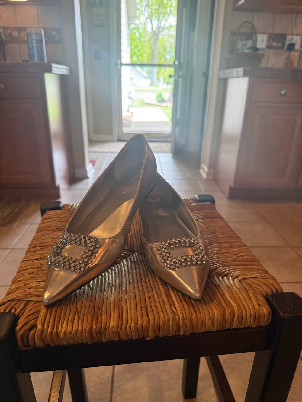 Nine West Silver Pointed Toe Flats with Rhinestone Buckle